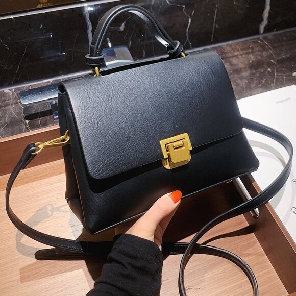 Black Faux Leather Gold Clasp Handbag - Picture 2 of 5